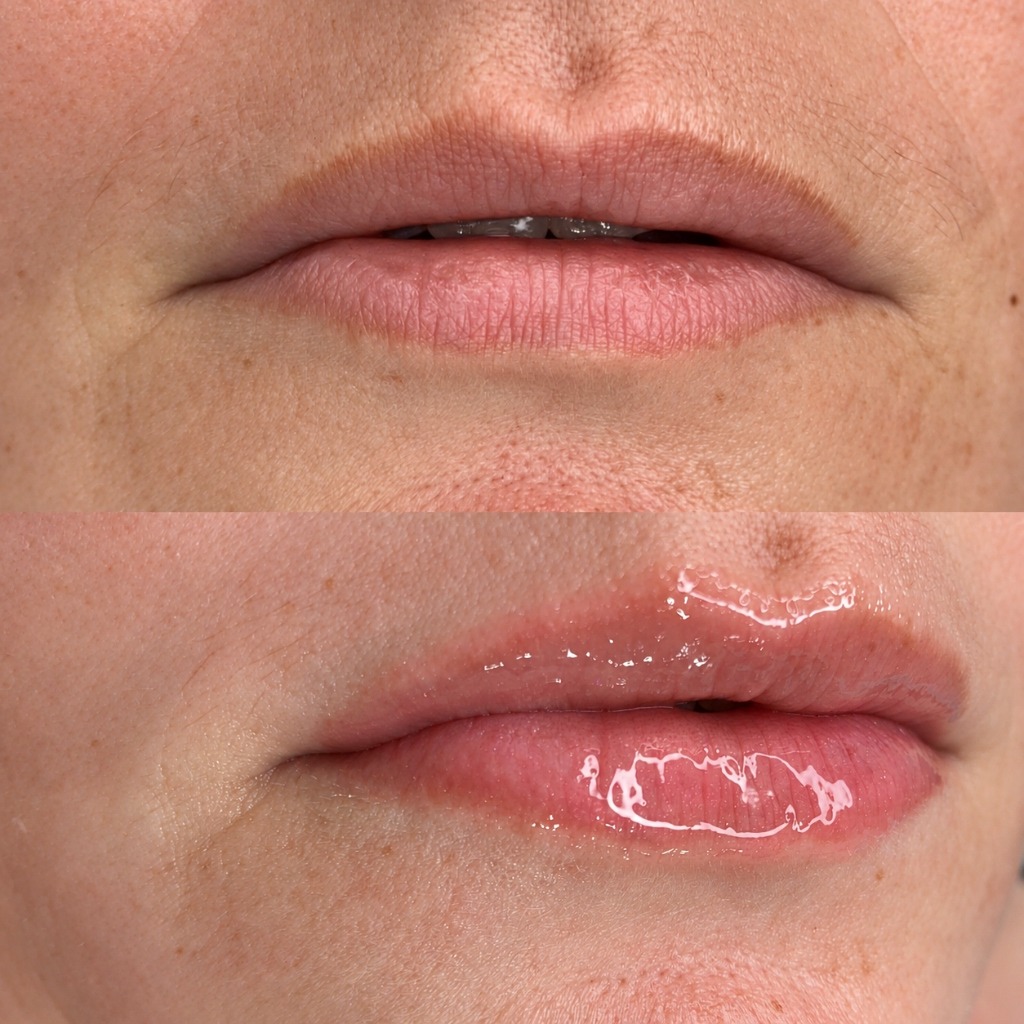 Comparativo macro de lábios: antes ressecados e depois com hidratação e brilho Hidra Gloss