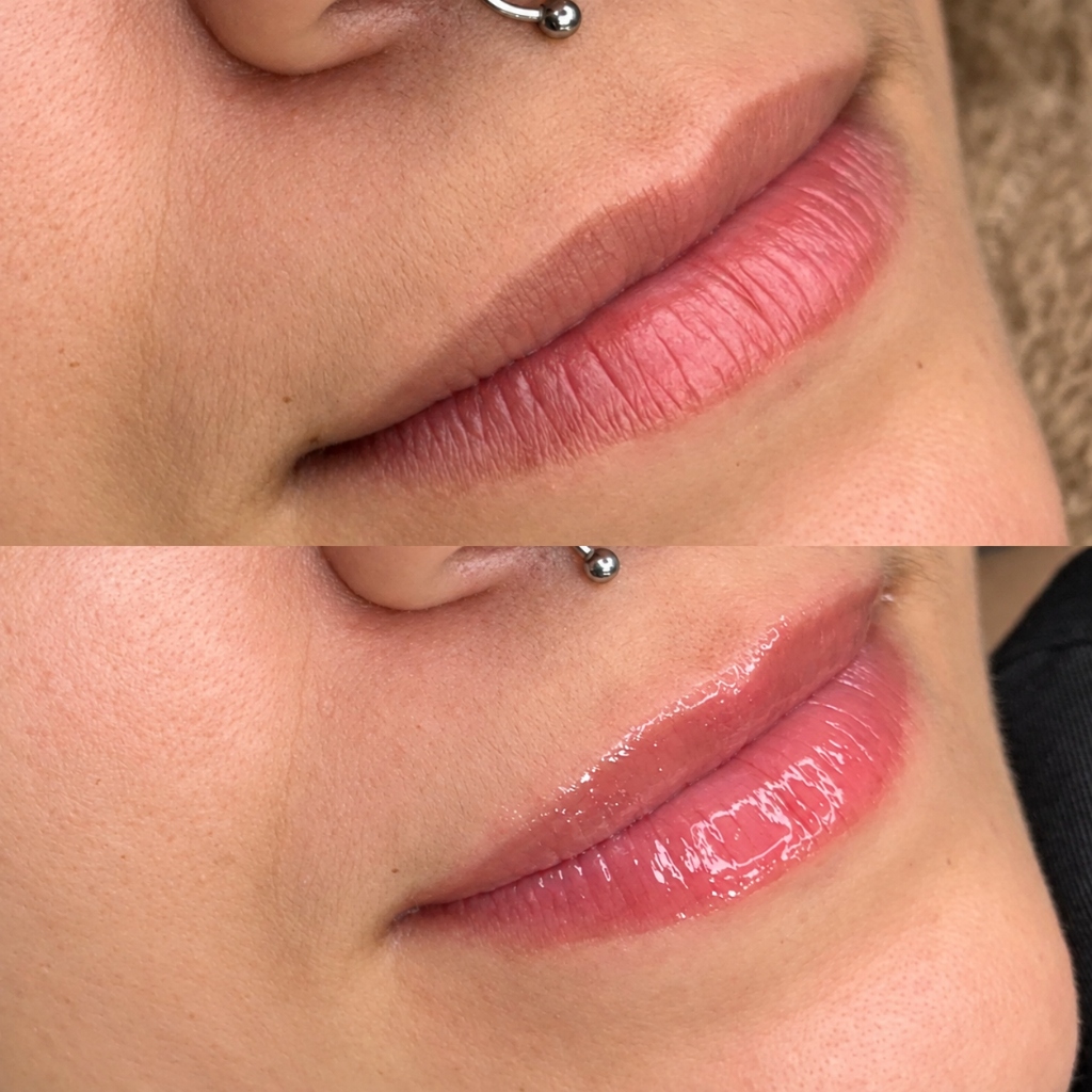 Comparativo de lábios hidratados com brilho e saúde labial