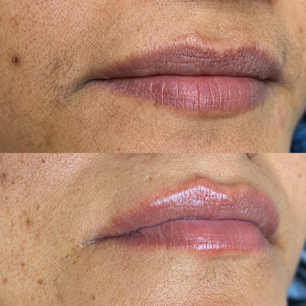 Comparativo de neutralização labial clareando pigmentação escura
