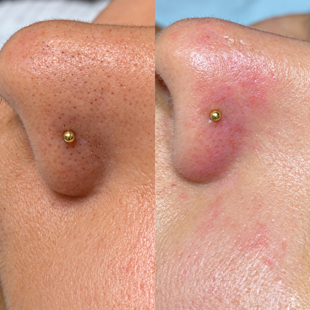 Comparativo de limpeza de pele com extração de cravos no nariz