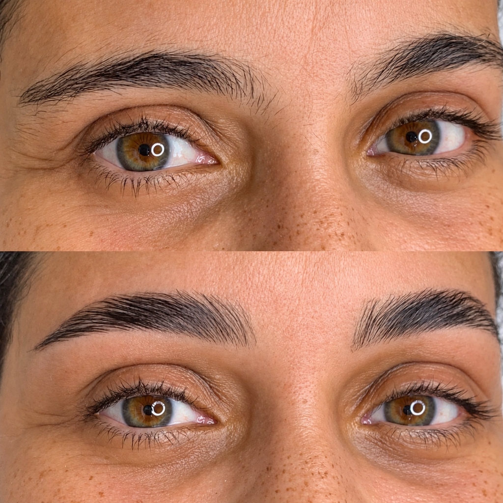 Comparativo de Brow Lamination com fios alinhados e efeito volumoso nas sobrancelhas