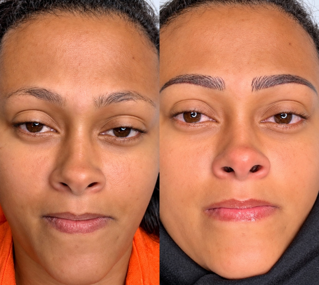 Comparativo de rosto completo com micropigmentação de sobrancelhas e hidra gloss labial com foco em hidratação