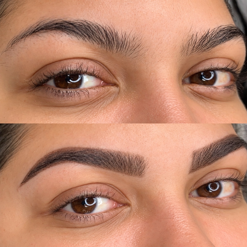 Comparativo de design de sobrancelhas com henna e desenho personalizado